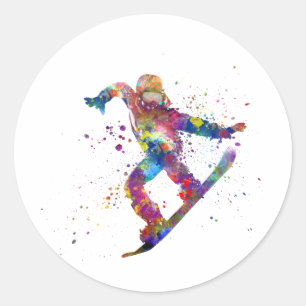 Snowboard in watercolor classic round sticker