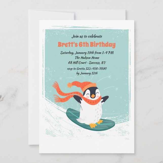 Snowboard Penguin Invitation (Front)