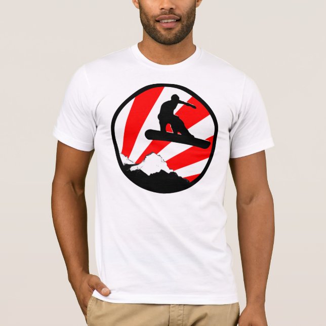 snowboard. red rays. mountain. T-Shirt (Front)