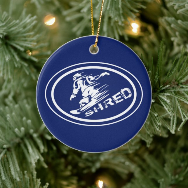 Snowboard "SHRED" Oval Snowboarder Tag Ornament (Tree)