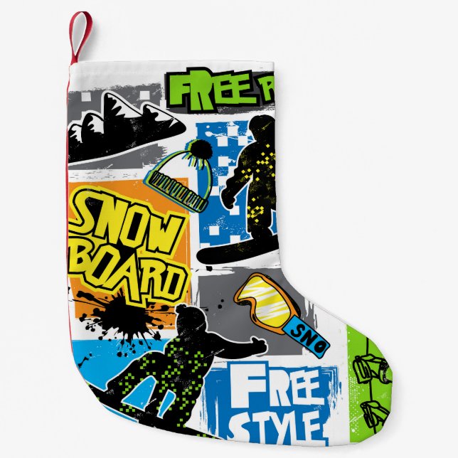 Snowboard Typography: Extreme Kid's Background. Small Christmas Stocking (Front)