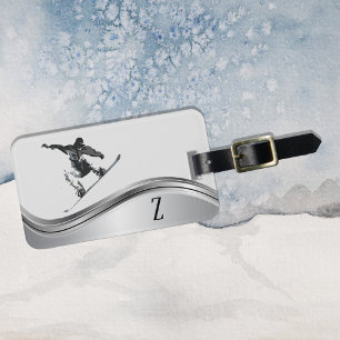 Snowboarder Monogram Silver Snowboard Luggage Tag