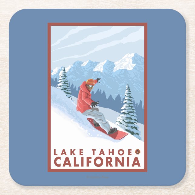 Snowboarder Scene - Lake Tahoe, California Square Paper Coaster (Front)