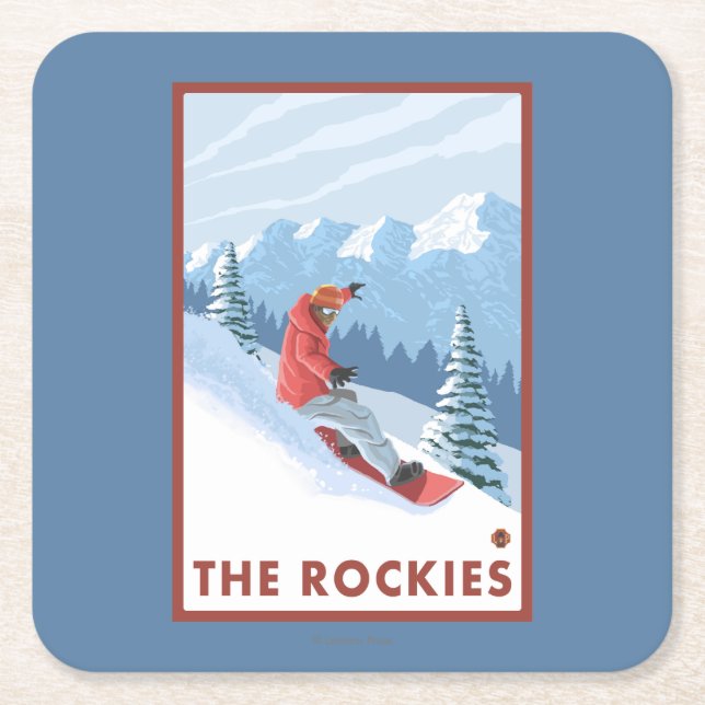 Snowboarder Scene - The Rockies Square Paper Coaster (Front)