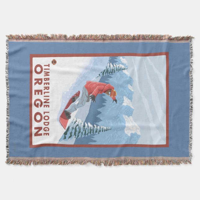 Snowboarder Scene - Timberline Lodge, Oregon Throw Blanket (Front)