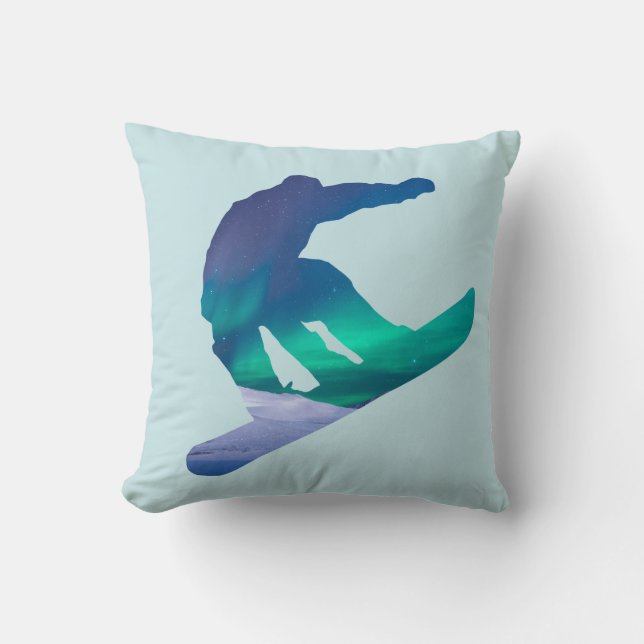 Snowboarder Silhouette Northern Lights Pillow (Front)