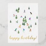 Snowboarder Snowboarding Illustration Birthday  Foil Holiday Postcard<br><div class="desc">Cool whimsical illustration art of colourful snowboarders,  snowboarding downhill in mountains among pine,  spruce,  fir trees on fresh snow powder. Snowboard and xmas outdoor sport in a winter forest. Snowboarder gifts. Snowboarding Christmas decor.</div>