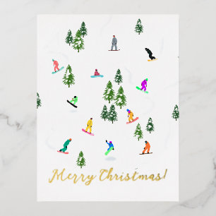 Snowboarder Snowboarding Illustration Christmas Foil Holiday Postcard