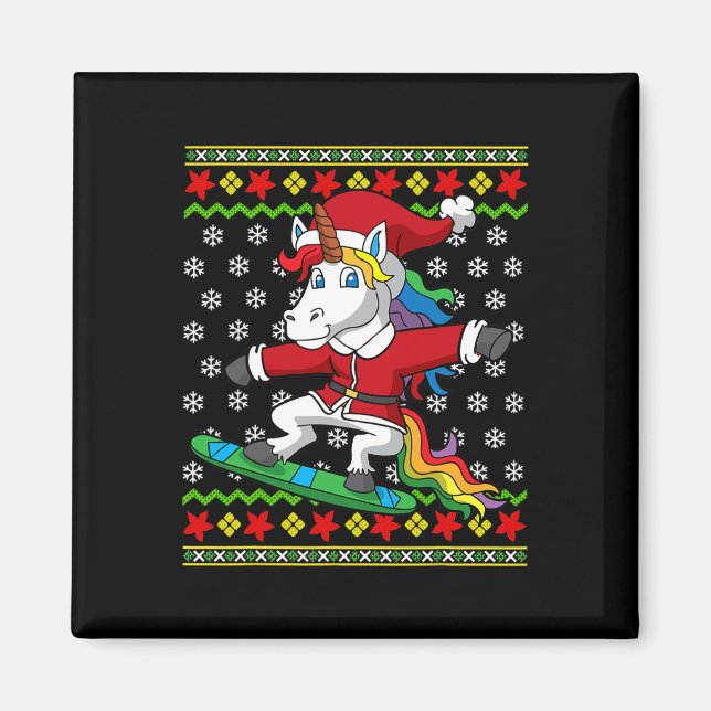 Snowboarder Unicorn Santa Snowboarding Christmas S Magnet (Front)