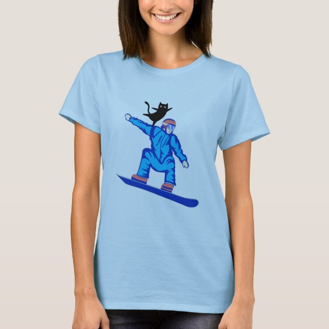 Snowboarder with a Cat Balancing Act T-Shirt (Front)