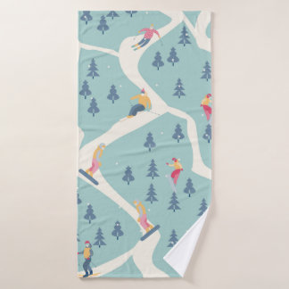 Snowboarders and skiers ride in the ski resort. Pe Bath Towel