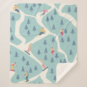 Snowboarders and skiers ride in the ski resort. Pe Sherpa Blanket