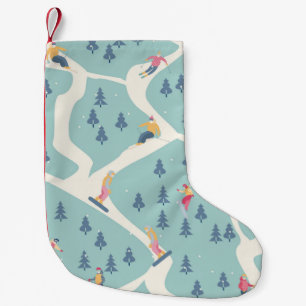 Snowboarders and skiers ride in the ski resort. Pe Small Christmas Stocking