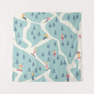 Snowboarders and skiers ride in the ski resort. Pe Tapestry