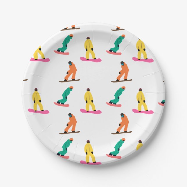 Snowboarders Winter Illustration Snowboard Pattern Paper Plate (Front)