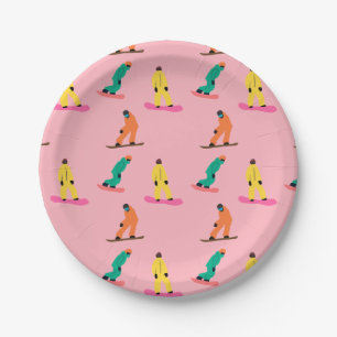 Snowboarders Winter Illustration Snowboard Pink Paper Plate