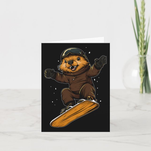 Snowboarding Animals- Beaver On A Snowboard Snowbo Card (Front)