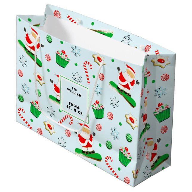 Snowboarding Christmas Holiday Large Gift Bag (Front Angled)