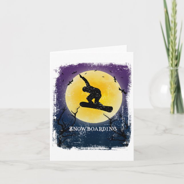 Snowboarding Full Moon Silhouette Retro Halloween  Card (Front)