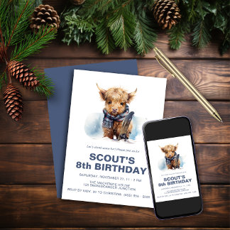 Snowboarding Highland Cow Invitation