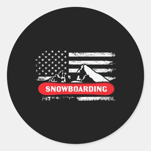 Snowboarding Mountain With American Flag Design -  Classic Round Sticker (Front)