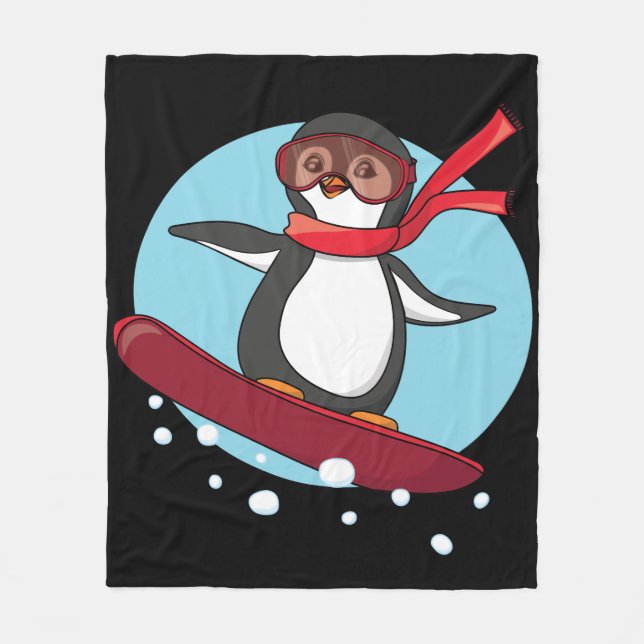 Snowboarding Penguin Fleece Blanket (Front)