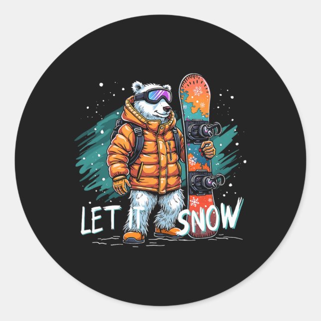 Snowboarding Polar Bear Winter Fun Arctic Adventur Classic Round Sticker (Front)