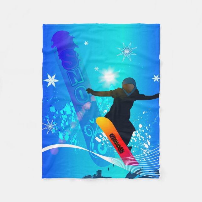 Snowboarding, snowboarder with board on blue backg fleece blanket (Front)