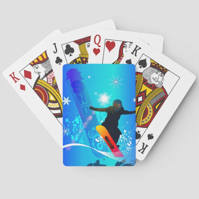 Snowboarding, snowboarder with board playing cards (Back)
