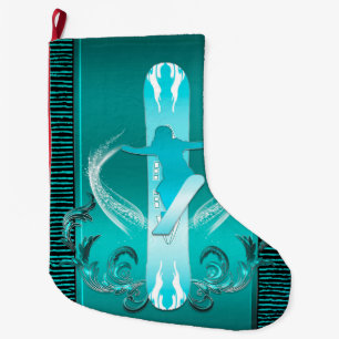 Snowboarding, Snowboarder with floral elements Large Christmas Stocking
