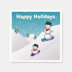 Snowboarding Snowmen Happy Holidays Paper Napkin