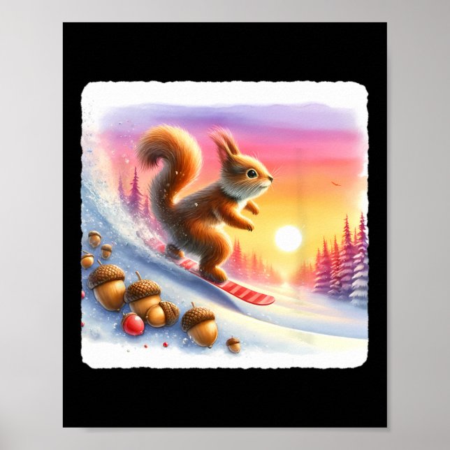 Snowboarding Squirrel On Frosty Slope At Sunset. A Poster (Front)