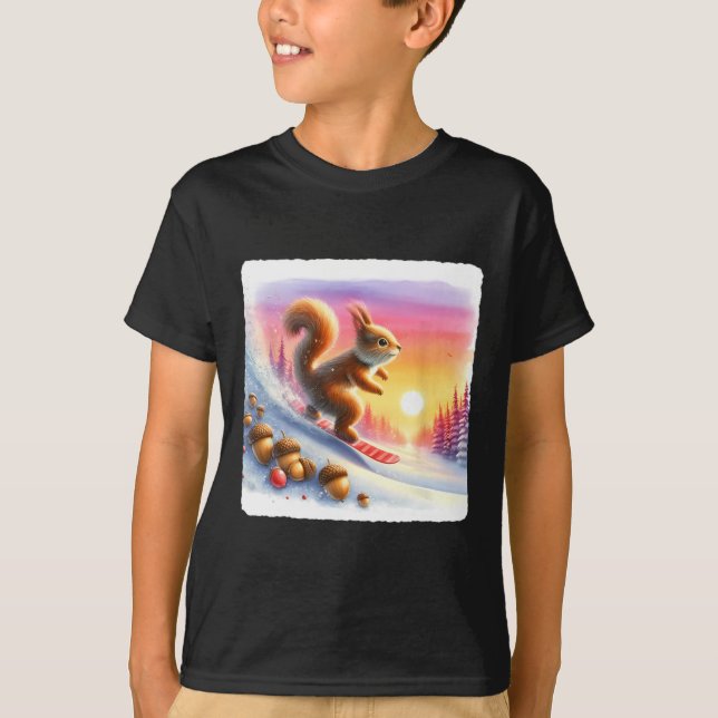 Snowboarding Squirrel On Frosty Slope At Sunset. A T-Shirt (Front)