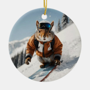 Snowboarding Squirrel Wintertime Whimsical Animal Ceramic Tree Decoration