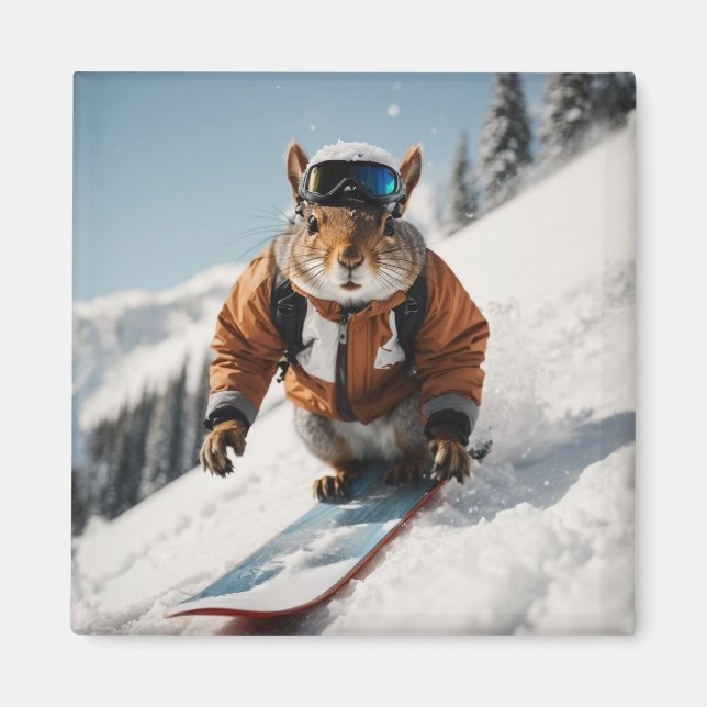 Snowboarding Squirrel Wintertime Whimsical Animal Magnet (Front)