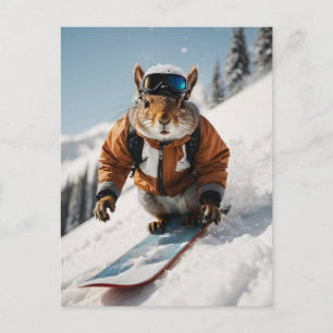 Snowboarding Squirrel Wintertime Whimsical Animal Postcard