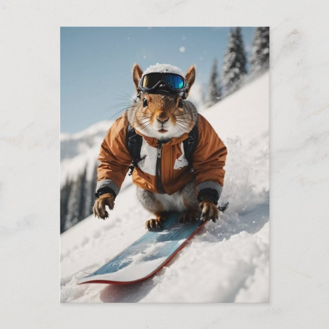 Snowboarding Squirrel Wintertime Whimsical Animal Postcard (Front)