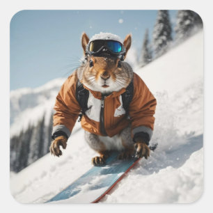 Snowboarding Squirrel Wintertime Whimsical Animal Square Sticker