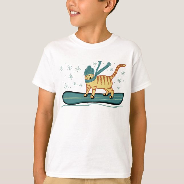 Snowboarding Tabby Cat Cute T-Shirt (Front)
