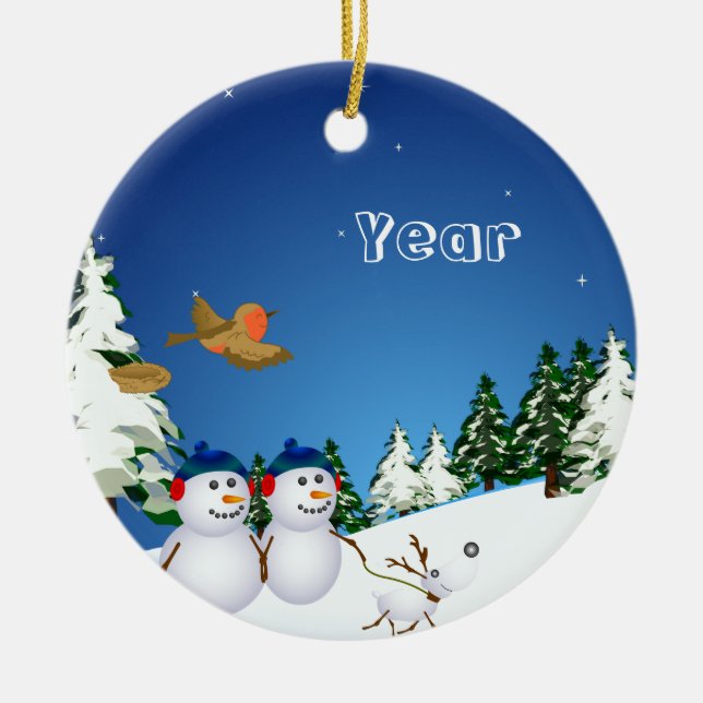 Snowcouple & Dog Ceramic Tree Decoration (Front)