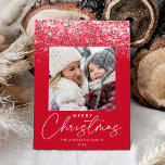 Snowdrift Merry Christmas Red Photo Holiday Card<br><div class="desc">Unique and modern holiday card featuring white falling snow flurries at the top of the design with a festive red background. Your square photo is displayed in the middle of the design with the holiday greeting, "Merry Christmas", in a trendy white calligraphy script shown below. Personalize the front of the...</div>