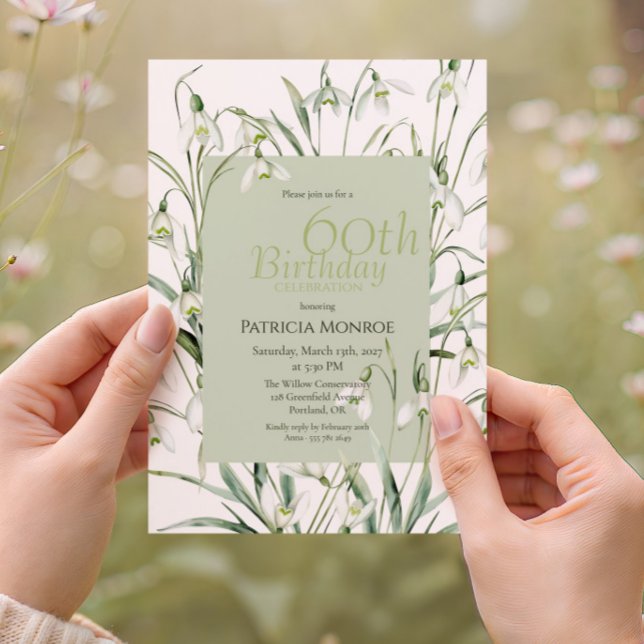 Snowdrop 60th Birthday Watercolor Botanical Green Invitation (Creator Uploaded)