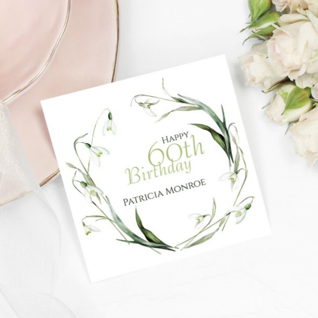 Snowdrop 60th Birthday Watercolor Botanical Green  Napkin (Creator Uploaded)