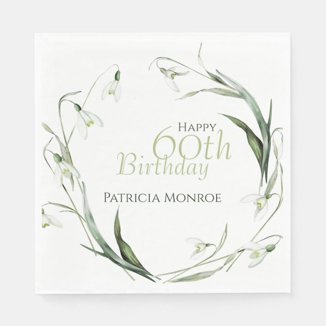 Snowdrop 60th Birthday Watercolor Botanical Green  Napkin (Front)