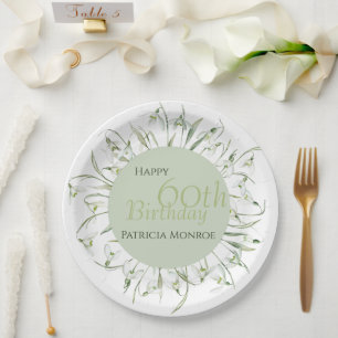 Snowdrop 60th Birthday Watercolor Botanical Green  Paper Plate