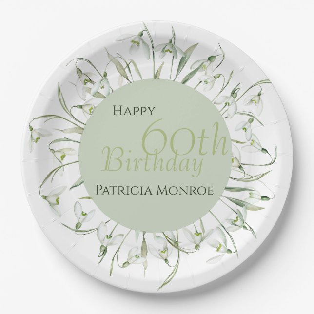 Snowdrop 60th Birthday Watercolor Botanical Green  Paper Plate (Front)