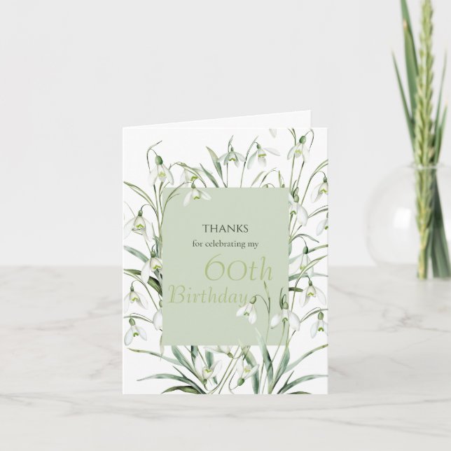 Snowdrop 60th Birthday Watercolor Botanical Green Thank You Card (Front)