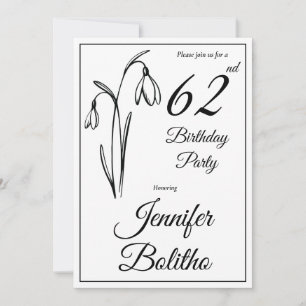Snowdrop Floral Black And White Any Age Birthday Invitation