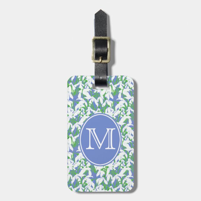 Snowdrop Pattern Monogram on Powder Blue Luggage Tag (Front Vertical)