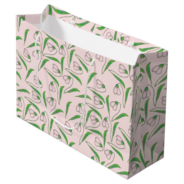 Snowdrop pattern On Blush Pink Large Gift Bag (Front Angled)